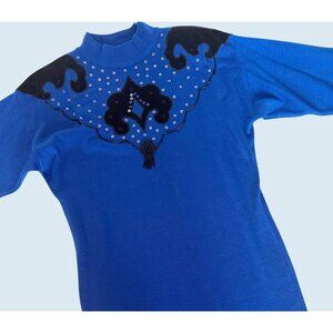 Vintage A'Milano Blue Sweater Dress Fringe Western 80s / 90s Size Med